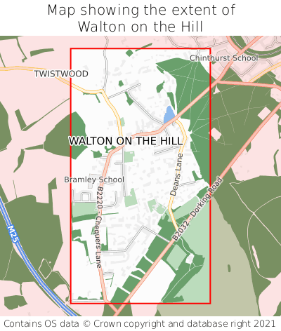 Map showing extent of Walton on the Hill as bounding box