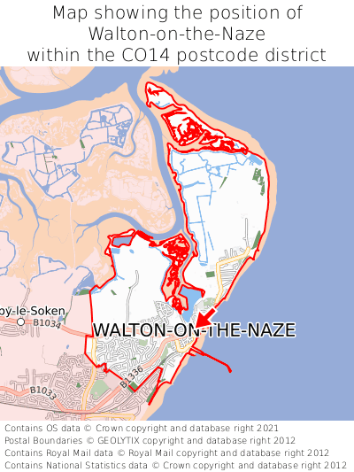 Map showing location of Walton-on-the-Naze within CO14