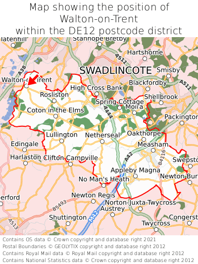 Map showing location of Walton-on-Trent within DE12