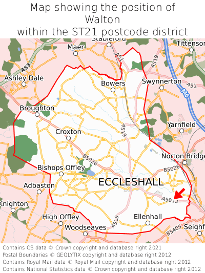 Map showing location of Walton within ST21