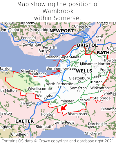 Map showing location of Wambrook within Somerset