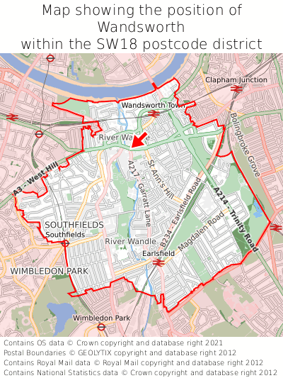 Map showing location of Wandsworth within SW18