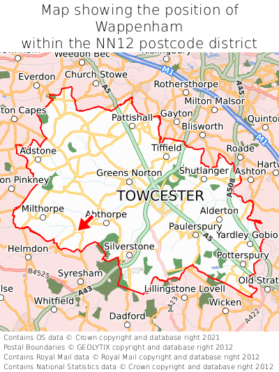 Map showing location of Wappenham within NN12