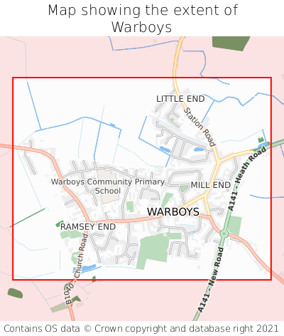 Map showing extent of Warboys as bounding box