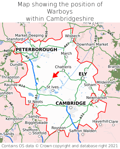 Map showing location of Warboys within Cambridgeshire