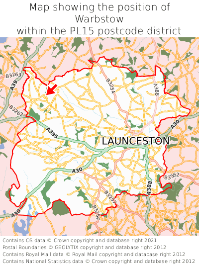 Map showing location of Warbstow within PL15