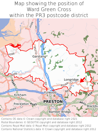 Map showing location of Ward Green Cross within PR3