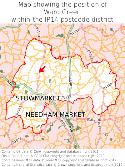 Map showing location of Ward Green within IP14