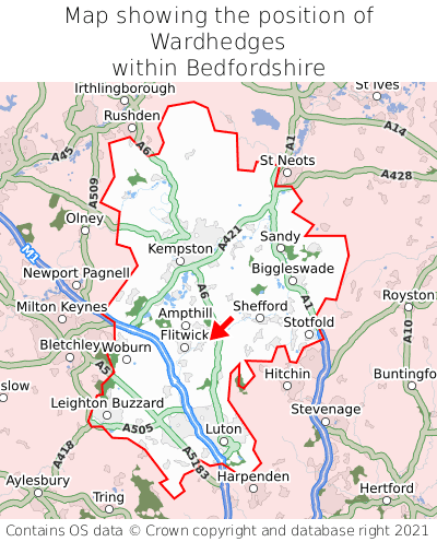 Map showing location of Wardhedges within Bedfordshire