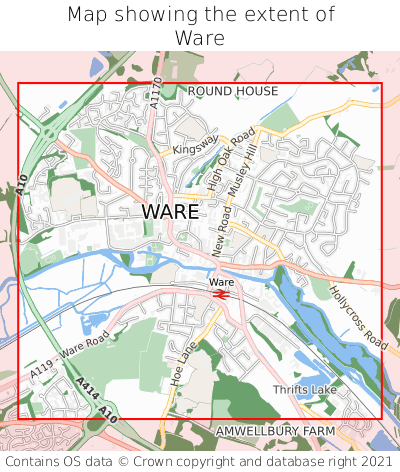 Map showing extent of Ware as bounding box