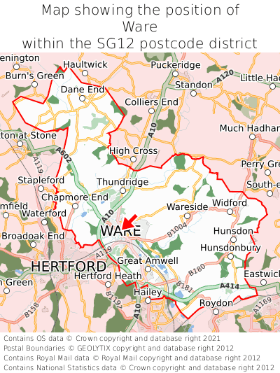 Map showing location of Ware within SG12