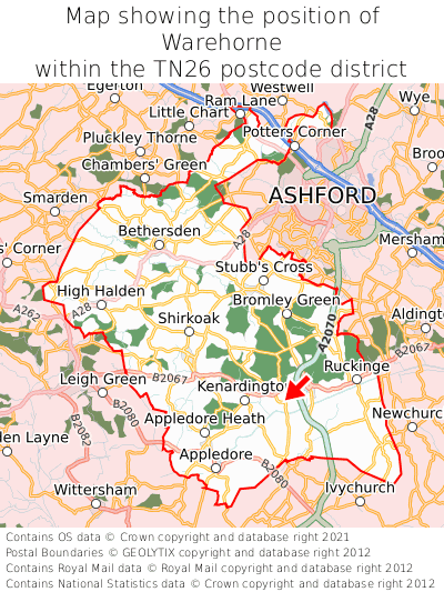 Map showing location of Warehorne within TN26