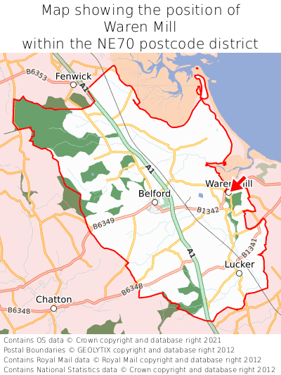 Map showing location of Waren Mill within NE70