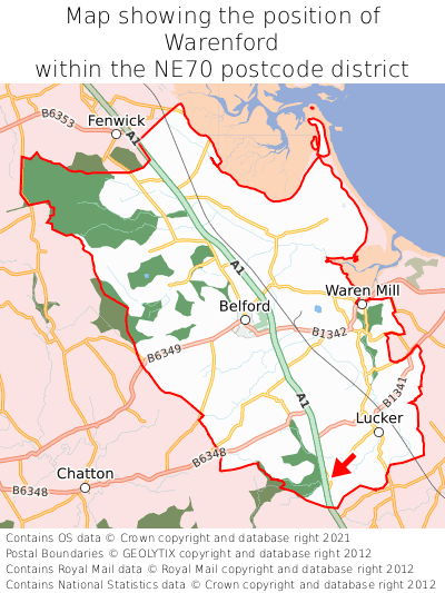 Map showing location of Warenford within NE70
