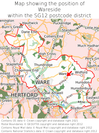 Map showing location of Wareside within SG12