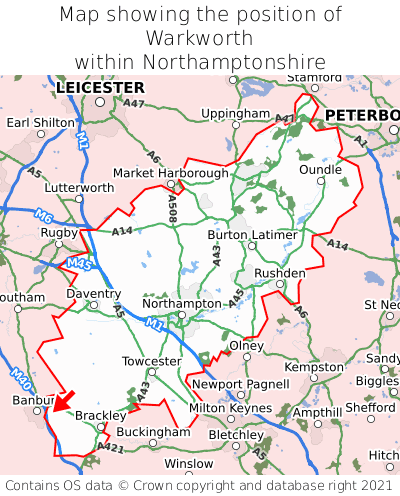 Map showing location of Warkworth within Northamptonshire