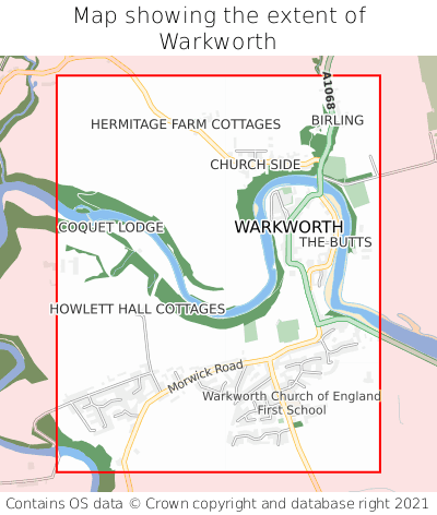 Map showing extent of Warkworth as bounding box