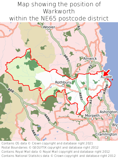 Map showing location of Warkworth within NE65