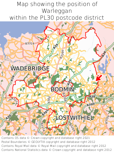 Map showing location of Warleggan within PL30