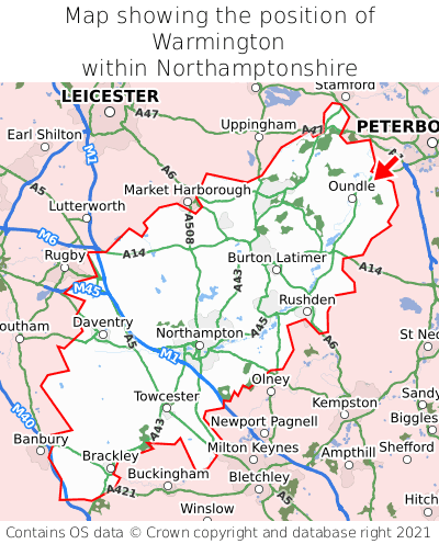 Map showing location of Warmington within Northamptonshire
