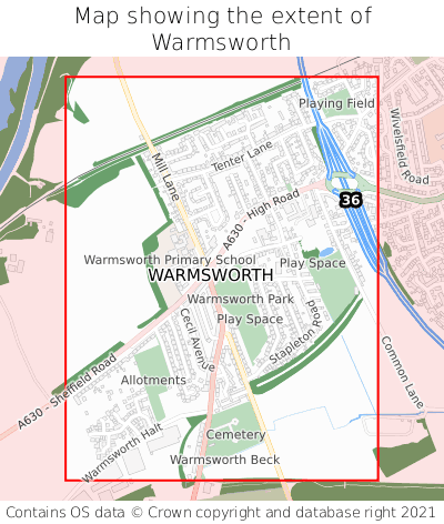 Map showing extent of Warmsworth as bounding box