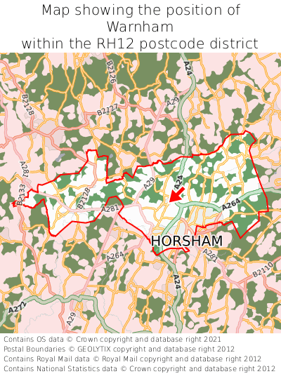 Map showing location of Warnham within RH12