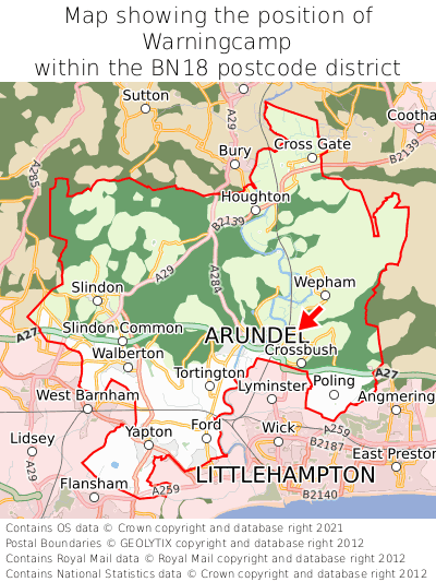 Map showing location of Warningcamp within BN18