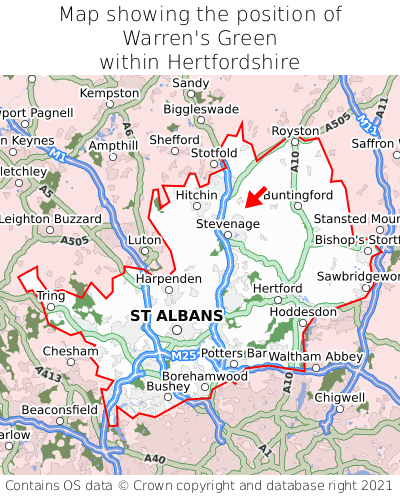 Map showing location of Warren's Green within Hertfordshire
