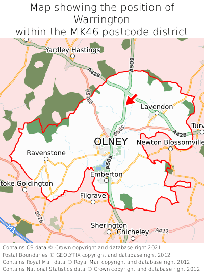 Map showing location of Warrington within MK46