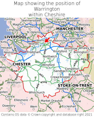 Map showing location of Warrington within Cheshire