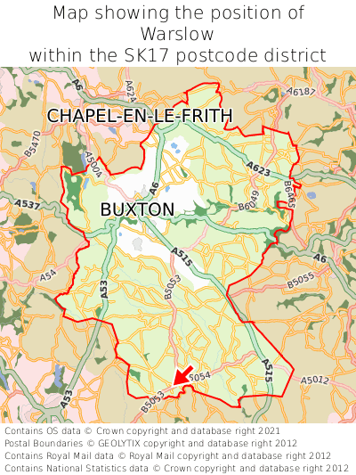 Map showing location of Warslow within SK17