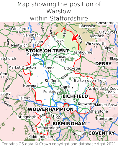 Map showing location of Warslow within Staffordshire
