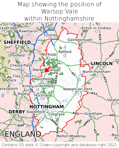 Map showing location of Warsop Vale within Nottinghamshire
