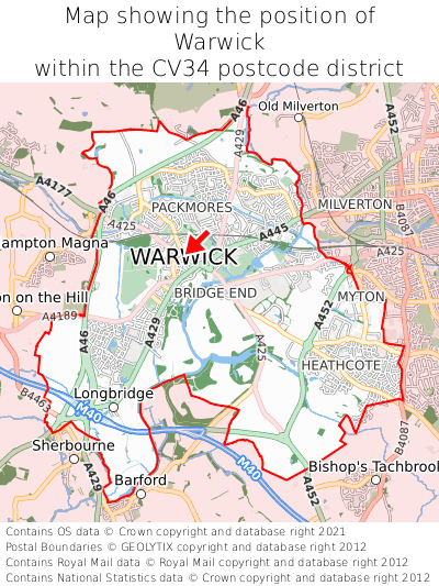 Map showing location of Warwick within CV34