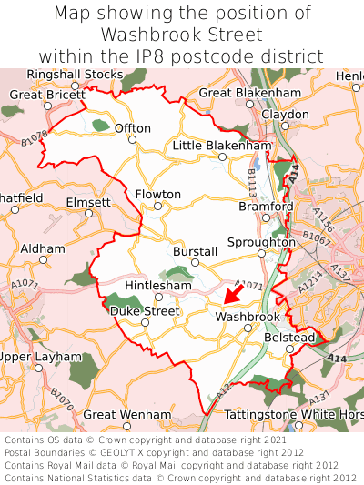 Map showing location of Washbrook Street within IP8