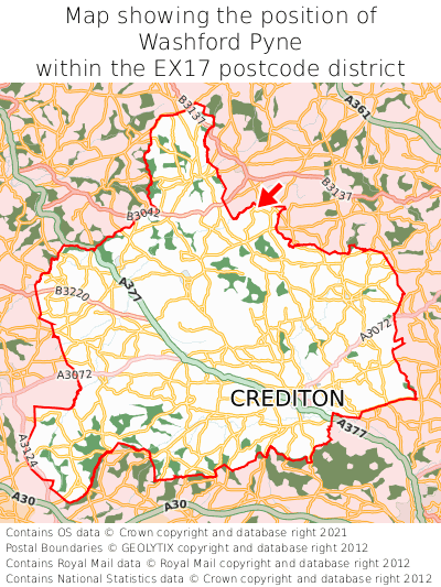 Map showing location of Washford Pyne within EX17