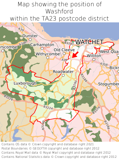 Map showing location of Washford within TA23