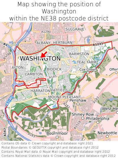 Map showing location of Washington within NE38