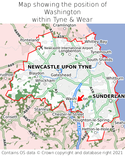 Map showing location of Washington within Tyne & Wear