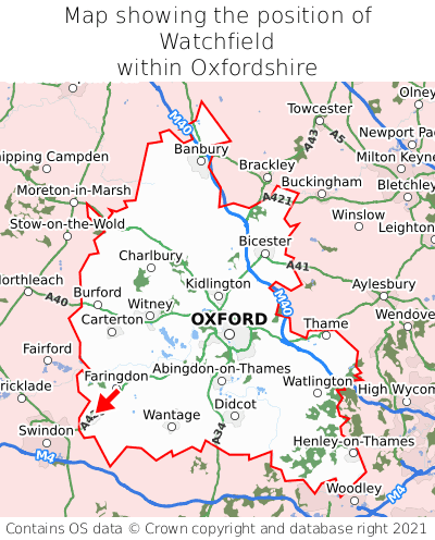 Map showing location of Watchfield within Oxfordshire