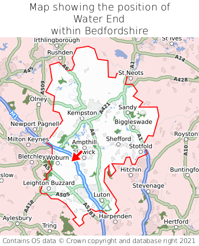 Map showing location of Water End within Bedfordshire