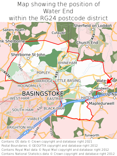 Map showing location of Water End within RG24