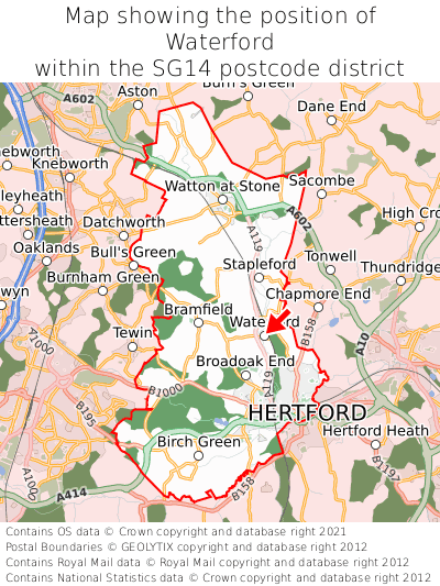 Map showing location of Waterford within SG14