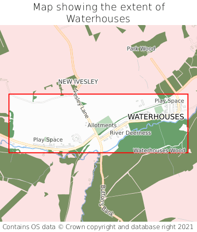 Map showing extent of Waterhouses as bounding box