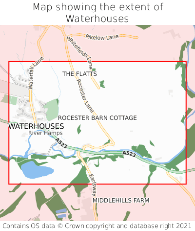 Map showing extent of Waterhouses as bounding box