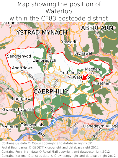 Map showing location of Waterloo within CF83