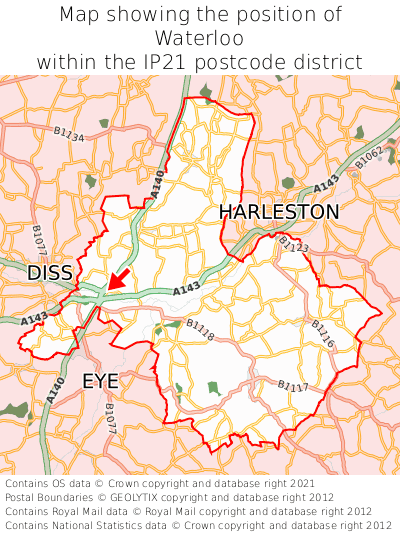 Map showing location of Waterloo within IP21