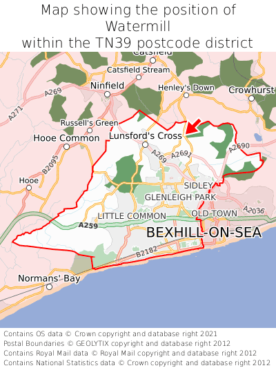 Map showing location of Watermill within TN39