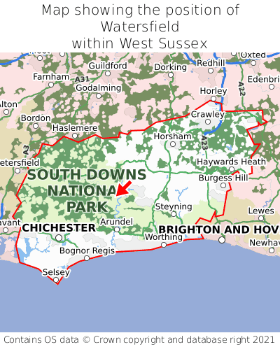 Map showing location of Watersfield within West Sussex
