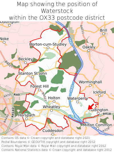 Map showing location of Waterstock within OX33